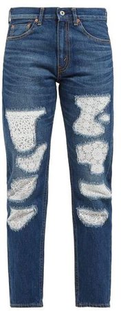 Lace Patchwork Straight Leg Jeans - Womens - Blue