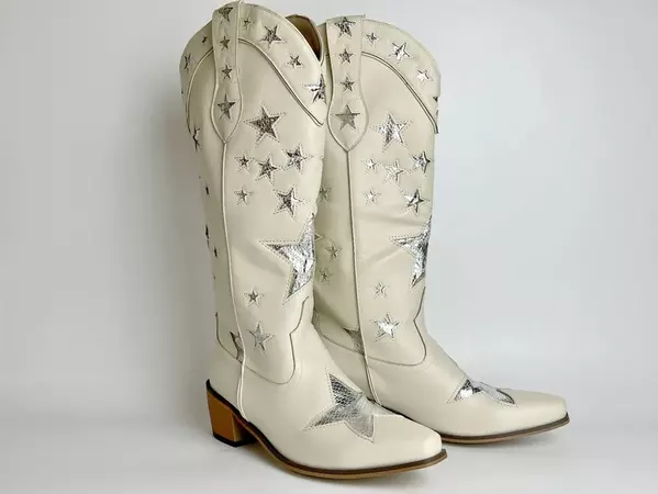 Beige Star Cowboy Boots Embroiderd Cowgirl Boots Premium PU - Etsy