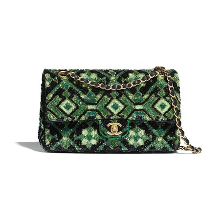 Sequins & Gold-Tone Metal Green & Black Classic Handbag | CHANEL