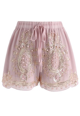 Shinning Pearls Trimming Chiffon Shorts in Pink - Retro, Indie and Unique Fashion