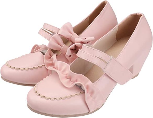 Lolita Mary Janes Shoes Retro High Heel Bow Buckle Strap Round Toe Cosplay Party Performance Casual Shoes 1 Pair Pink : Amazon.ca: Clothing, Shoes & Accessories