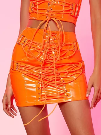 Patent Lace Up Front Skirt | SHEIN USA