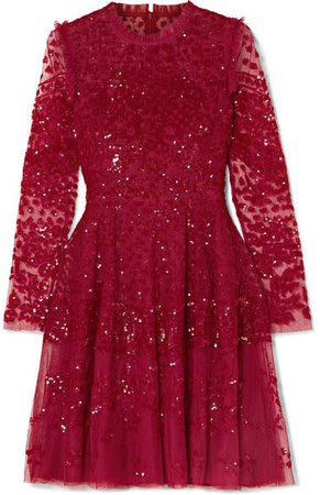 Aurora Ruffled Sequined Tulle Mini Dress - Red