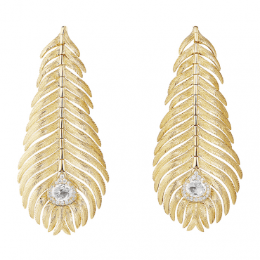 BOUCHERON, PLUME DE PAON PENDANT EARRINGS Pendant earrings set with two rose-cut diamonds and round diamonds, in yellow gold