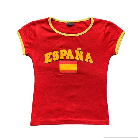 RED T-SHIRT WITH YELLOW SPELL OUT ESPAÑA AND FLAG... - Depop