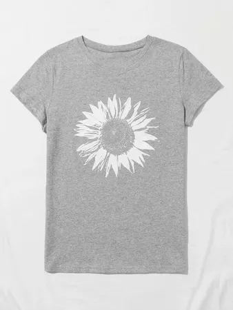 Sunflower Print Round Neck T-Shirt | SHEIN USA grey