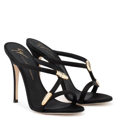 Giuseppe Zanotti NEW Black Satin Gold Metal Crystal Evening Sandals Heels in Box For Sale at 1stdibs