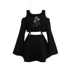 Black Harajuku Goth Handheld Rose Embroidery Crop Garter Clip T-shirt and Mini Skirt Two Piece Set