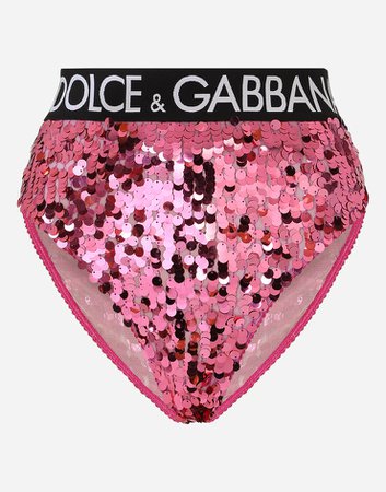 Women's Underwear in Fuchsia | Sequined high-waisted briefs with branded elastic | Dolce&Gabbana