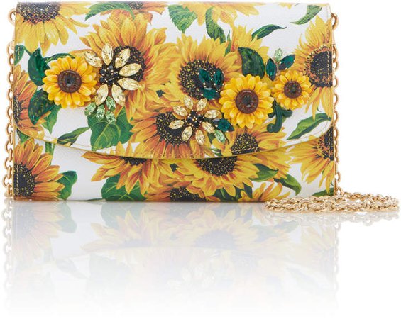 Embellished Floral-Print Textured-Leather Shoulder Bag