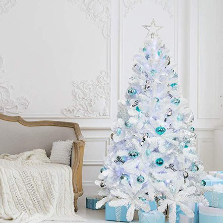 Amazon.com: KI Store Artificial White Christmas Tree with Ornaments and Lights Blue and White Christmas Decorations Including 6 Feet Full Christmas Tree, 135pcs Ornaments, 2pcs 39ft USB Mini LED String Lights: Home & Kitchen