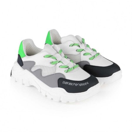 Armani Boys Trainers -White Blue & Green Leather Trainers - Kids Designer Shoes
