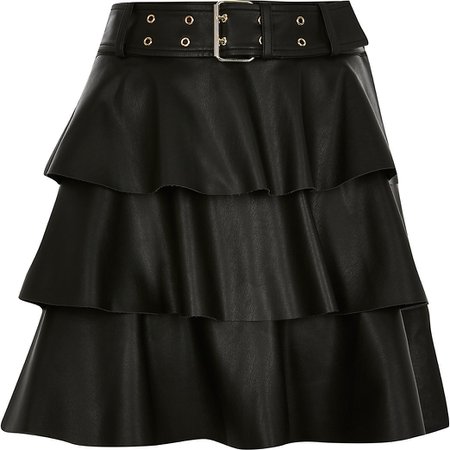 Black faux leather belted tiered mini skirt | River Island