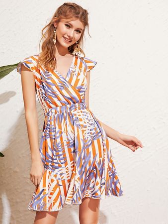 Leaf Print Striped Surplice Front Dress | SHEIN