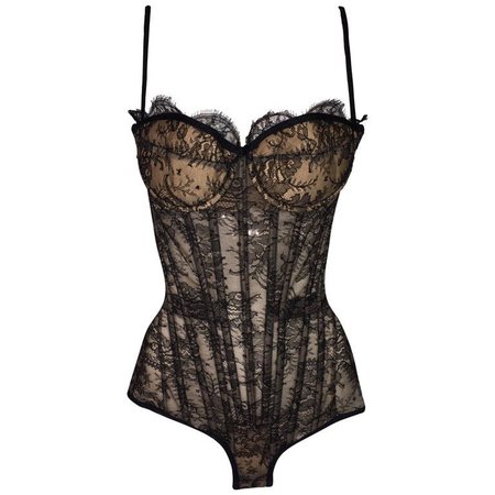 F/W 2003 Roberto Cavalli Victorian Sheer Black Lace Padded Corset Bodysuit For Sale at 1stDibs