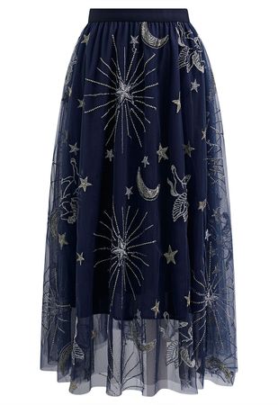 Mysterious Night Moon and Star Embroidered Mesh Tulle Skirt in Navy - Retro, Indie and Unique Fashion