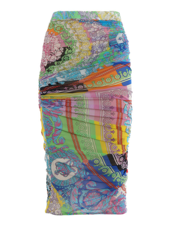 Versace Stretch Tulle Baroque Multicolor Ruched Skirt In Black | ModeSens