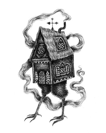 Brett Manning no Instagram: “Baba Yaga's House 🌲🏠🍗🍗🔮 #ink #art #illustration #drawing #folklore #witch #babayaga #house #witchhouse #legend #lore #spoopy”