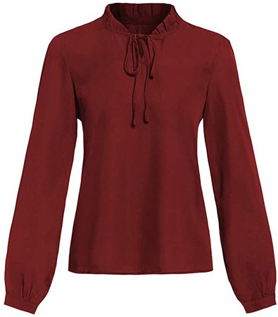 Romwe Women's Solid Elegant Bow Tie Neck Long Sleeve Work Office Blouse Top Burgundy L at Amazon Women’s Clothing store