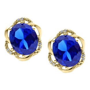 Bold Oval Cut Blue Sapphire Gemstone Diamond Yellow Gold Earrings