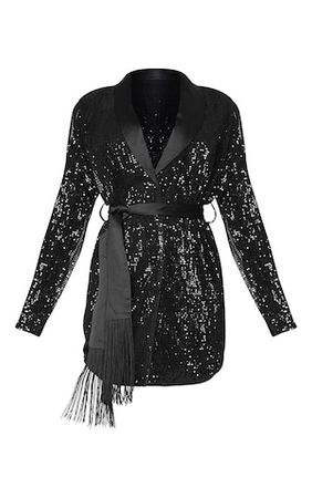 Black Sequin Tassel Tie Detail Blazer Dress | PrettyLittleThing USA