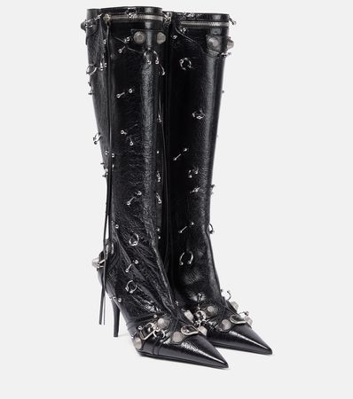Cagole Embellished Leather Knee High Boots in Black - Balenciaga | Mytheresa