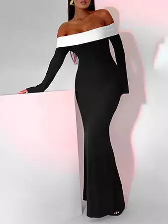 Women's Elegant Party Prom Off Shoulder Overlay Colorblock Long Sleeves Backless Mermaid Slinky Maxi Dress In BLACK | ZAFUL 2024