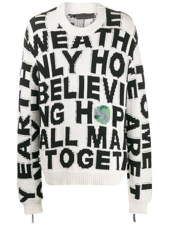 white and black text knit sweater