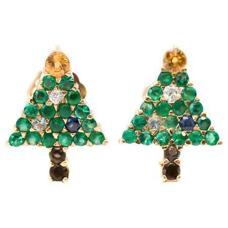 Emerald Christmas Tree Earrings with Diamond, Sapphire, Citrine, 14 Karat Gold For Sale at 1stdibs