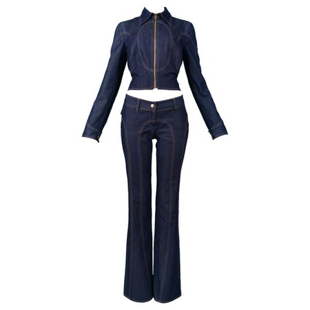 Vintage Dolce and Gabbana Denim Zip Front Jacket and pants Ensemble 2001 For Sale at 1stdibs