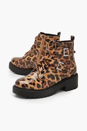 Leopard Patent Neon Lace Hiker Boots | Boohoo