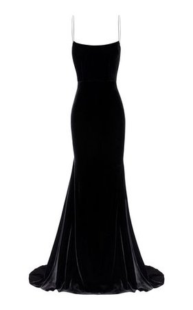 Black Spaghetti Strap Velvet Evening Gown