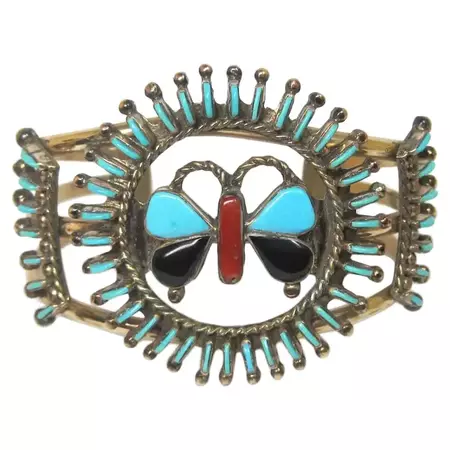 Native American Needlepoint Turquoise Inlay Butterfly Cuff Bracelets For Sale at 1stDibs