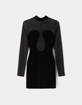 Long sleeve velvet mini dress with mesh detail - Best sellers - Woman | Bershka