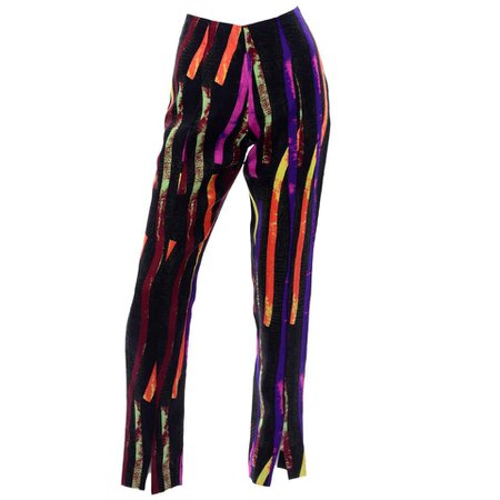 Vintage Christian Lacroix Multi Colored Abstract Neon Strips Print Silk Pants
