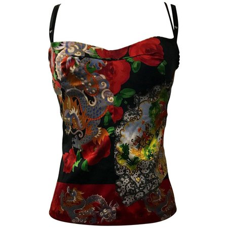 Dolce and Gabbana Red Dragon and Fan Print Bustier Corset Top, 1990s For Sale at 1stdibs