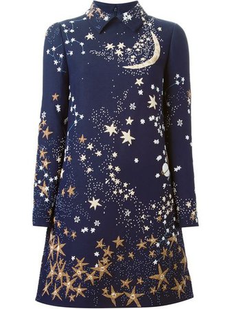 Valentino Blue Star Beaded A-Line Wool Dress