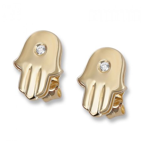 14K Yellow Gold Hamsa Stud Earrings with Diamond Stones, Jewish Jewelry | Judaica WebStore