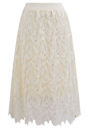 Cutwork Lace Overlay Knit Midi Skirt in Cream - Retro, Indie and Unique Fashion