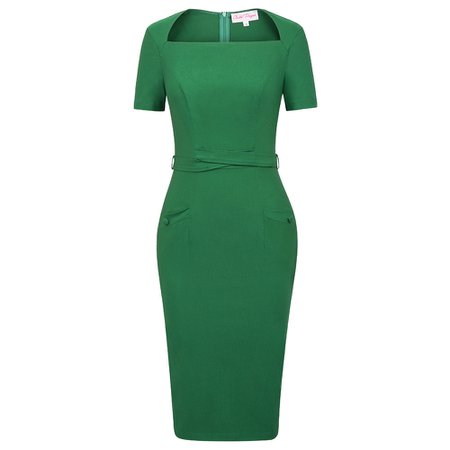 Black Dark Green Business Dress Women Short Sleeve Knee-Length Rob...