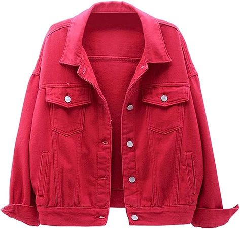 FLYCHEN Women's Denim Jean Jacket Button Down Coat Candy Color Jacket Red XL at Amazon Women's Coats Shop