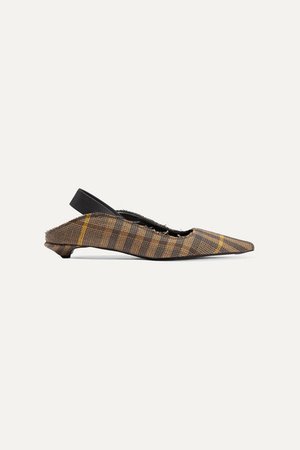 Frayed Checked Wool And Linen-blend Slingback Pumps - Brown