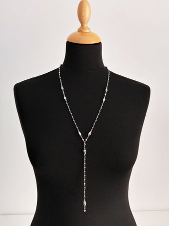 Rosary Necklace/Long Lariat Necklace/Neo Victorian Necklace/Silver Y Necklace