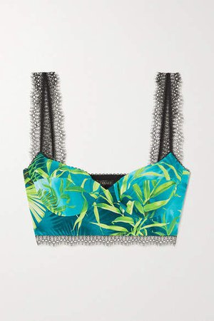 Lace-trimmed Printed Silk-twill Bustier Top - Green
