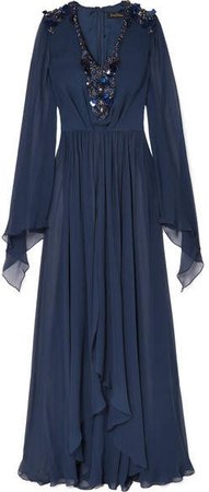 Embellished Silk-chiffon Gown - Midnight blue