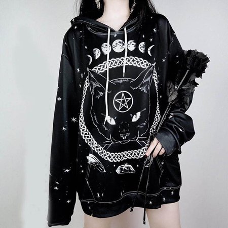 Unisex Hoodies Fashion Dark Style Harajuku Hoodie Moon Phase Starry Pattern Witchcraft Cat Printed Sweatshirts Pullovers