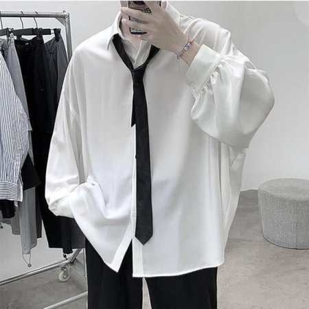 white long sleeve baggy dress shirt with tie