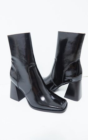 Black PU Flared Block Heel Square Toe Boots | PrettyLittleThing USA