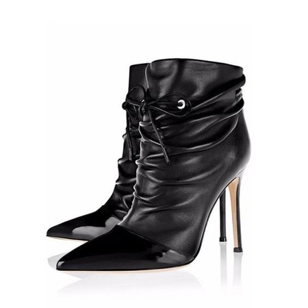 Black Slouch Boots Pointy Toe Stiletto Heel Ankle Booties for Women