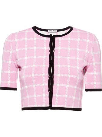 Shop pink & white Miu Miu windowpane-pattern cropped viscose cardigan with Express Delivery - Farfetch